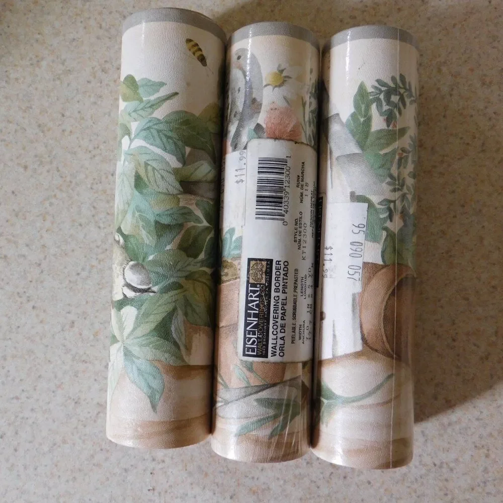 VTG Cottagecore Wallpaper Border Flower Pots‎ Bird Feeder Birds 15 Yards